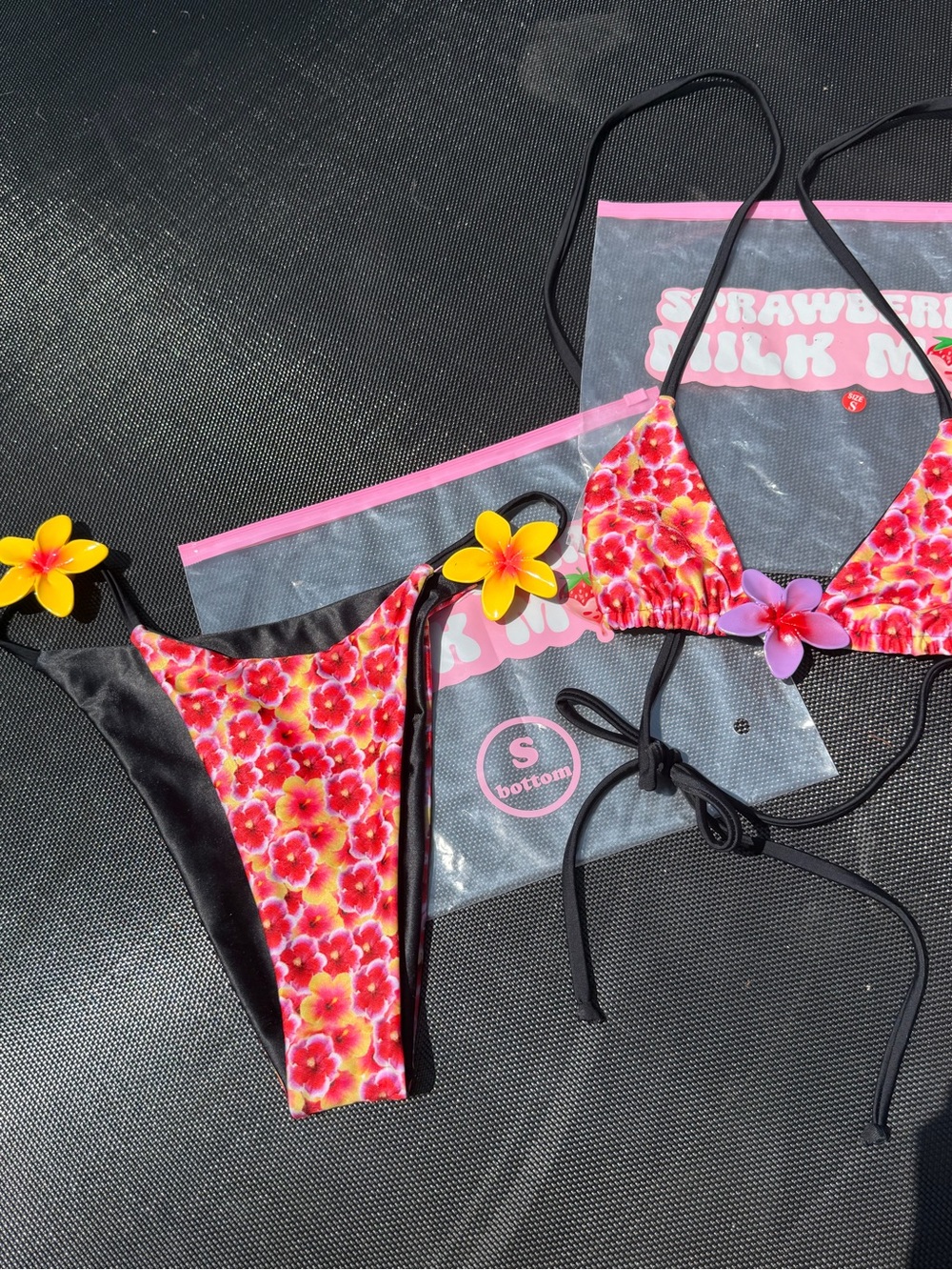 Strawberry Milk Mob Black Bikini with Pink and Yellow Floral Print - Picture 9 of 14